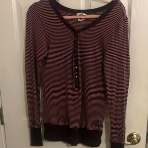 Roxy Maroon and Black Striped Long Sleeve Tee